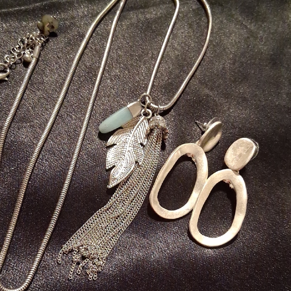 Aeropostale Silver Tassel Necklace with Blue Accent Stone & Silver Hoop Earrings